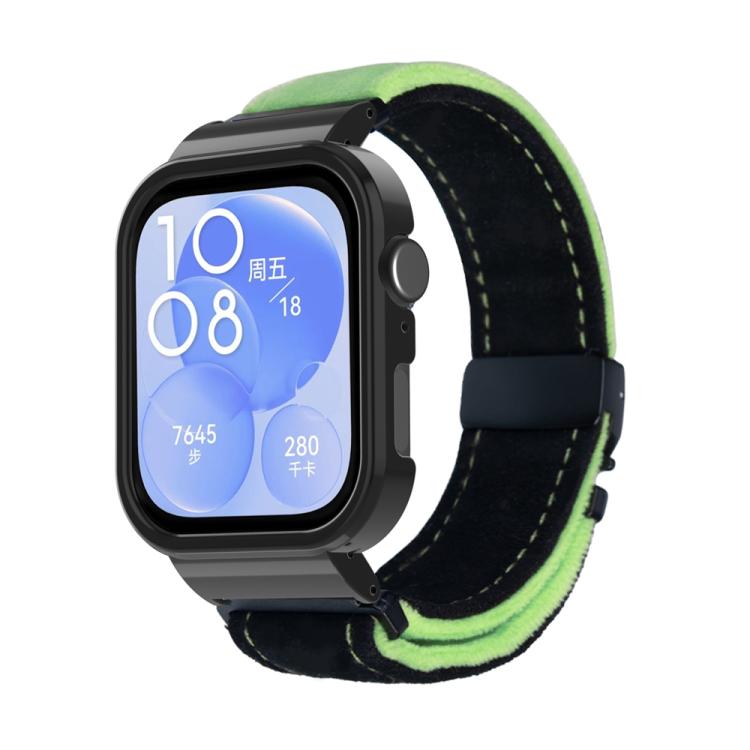 For Huawei Watch Fit3 Brushed Metal Black Frame Watch Band(Black Grass Green) by bashfashion