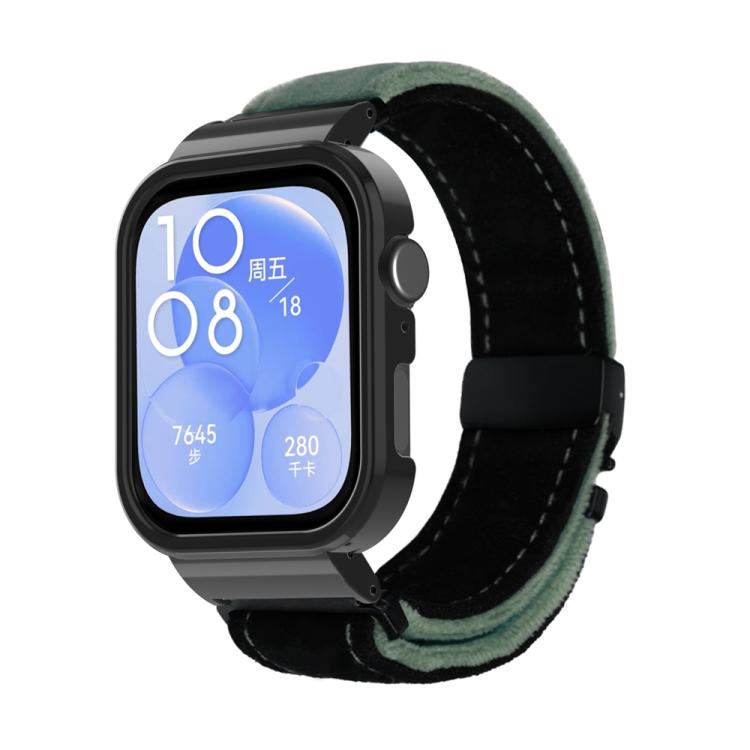 For Huawei Watch Fit3 Brushed Metal Black Frame Watch Band(Black Army Green) by bashfashion