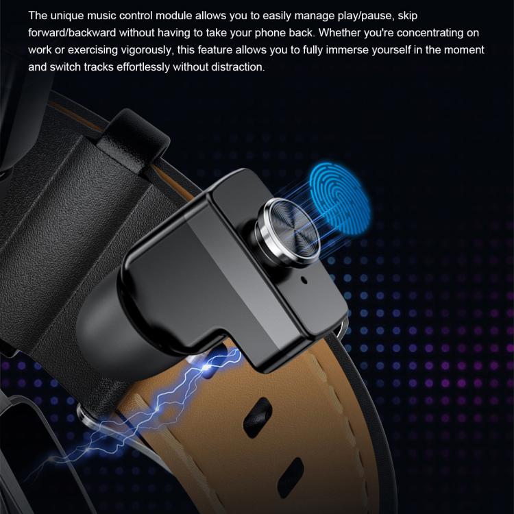 GT97 1.53 inch Round Screen 2 in 1 Bluetooth Earphone Leather Strap Smart Watch Supports Bluetooth Calls(Black) by bashfashion