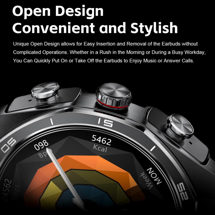 GT97 1.53 inch Round Screen 2 in 1 Bluetooth Earphone Leather Strap Smart Watch Supports Bluetooth Calls(Black) by bashfashion