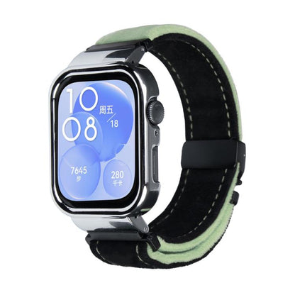 For Huawei Watch Fit3 Brushed Metal Silver Frame Watch Band(Black Green) by bashfashion