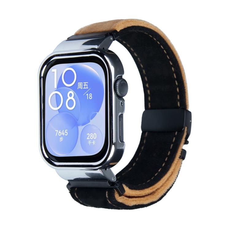 For Huawei Watch Fit3 Brushed Metal Silver Frame Watch Band(Black Light Brown) by bashfashion