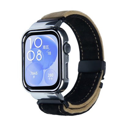 For Huawei Watch Fit3 Brushed Metal Silver Frame Watch Band(Black Dark Brown) by bashfashion