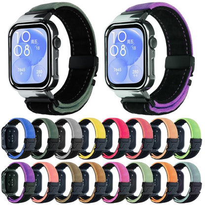 For Huawei Watch Fit3 Brushed Metal Silver Frame Watch Band(Black Grass Green) by bashfashion