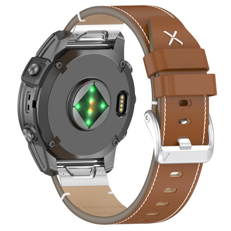 For Garmin Watch 26mm Stitched Genuine Leather Quick Release Watch Band(Brown Silver) by bashfashion