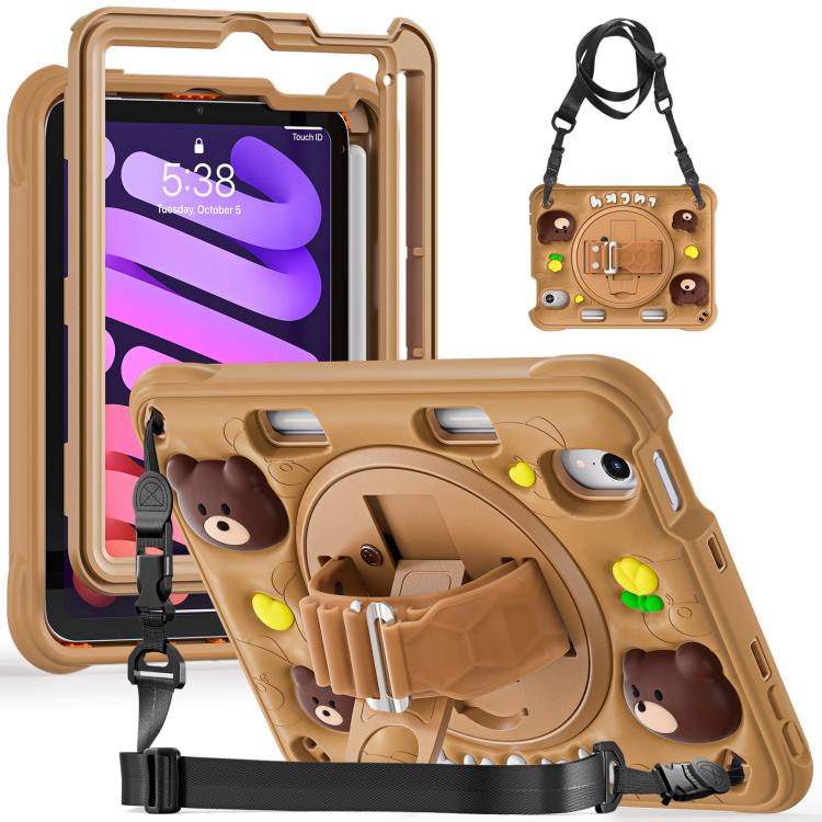 For iPad mini 2024 / mini 6 Bear Rotation Kickstand Silicone Hybrid PC Tablet Case(Brown) by bashfashion