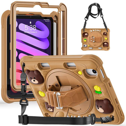 For iPad mini 2024 / mini 6 Bear Rotation Kickstand Silicone Hybrid PC Tablet Case(Brown) by bashfashion