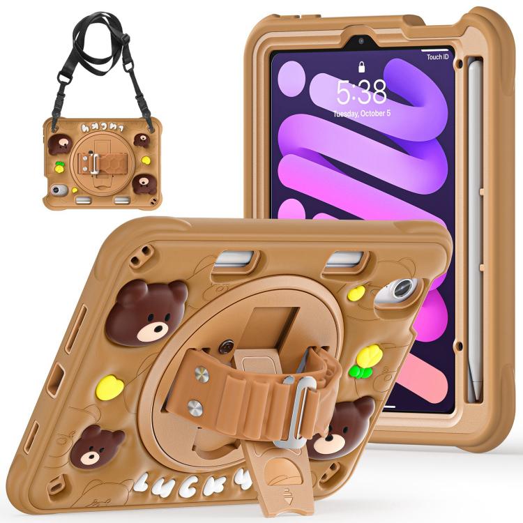 For iPad mini 2024 / mini 6 Bear Rotation Kickstand Silicone Hybrid PC Tablet Case(Brown) by bashfashion
