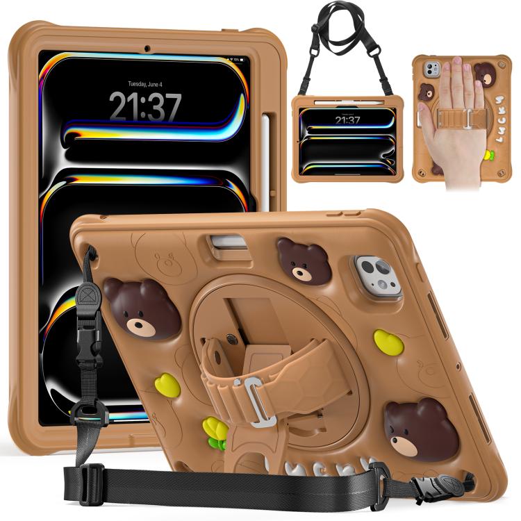 For iPad Pro 11 2025 / 2024 Bear Rotation Kickstand Silicone Hybrid PC Tablet Case(Brown) by bashfashion