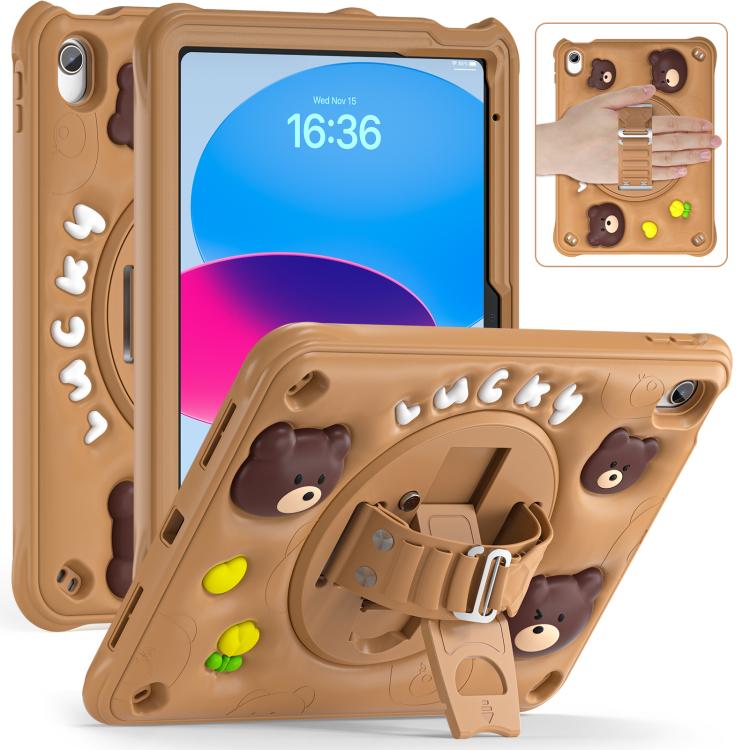 For iPad 2025 / 2022 Bear Rotation Kickstand Silicone Hybrid PC Tablet Case(Brown) by bashfashion