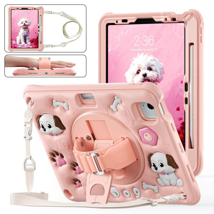 For iPad Air 11 2025 / 2024 / Pro 11 2022 Dog Rotation Kickstand Silicone Hybrid PC Tablet Case(Pink) by bashfashion
