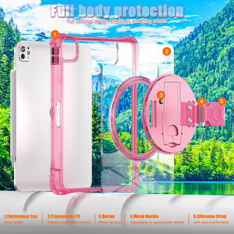 For iPad Pro 13 2025 / 2024 Rotation Grip Holder TPU Hybrid Clear PC Tablet Case(Red Rose) by bashfashion