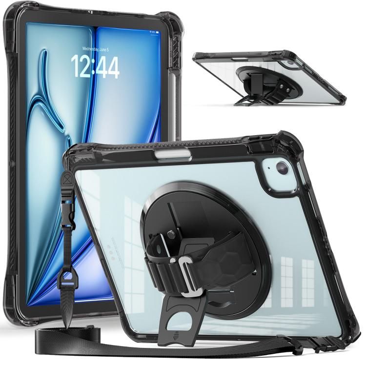 For iPad Air 13 2024 / 2025 Rotation Grip Holder TPU Hybrid Clear PC Tablet Case(Black) by bashfashion
