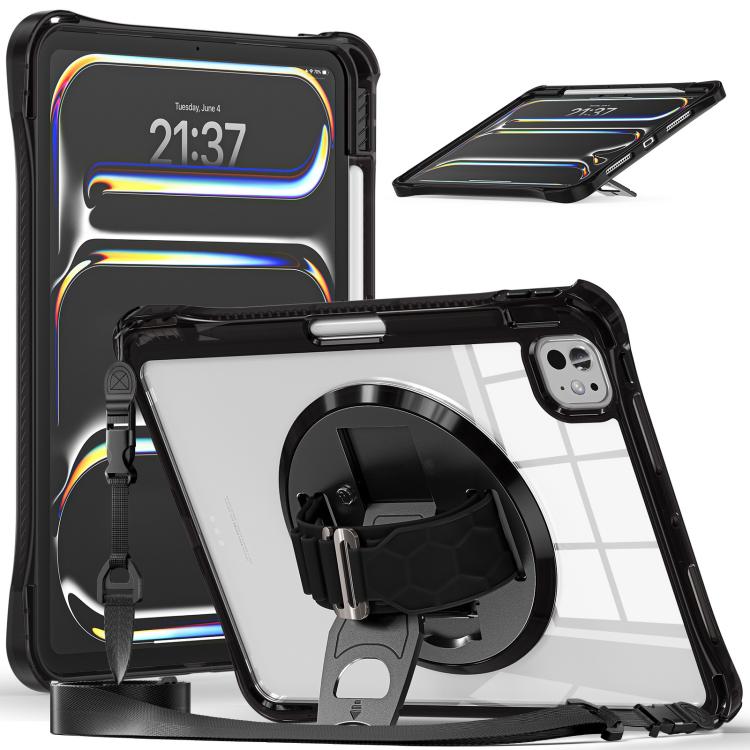 For iPad Pro 11 2025 / 2024 Rotation Grip Holder TPU Hybrid Clear PC Tablet Case(Black) by bashfashion