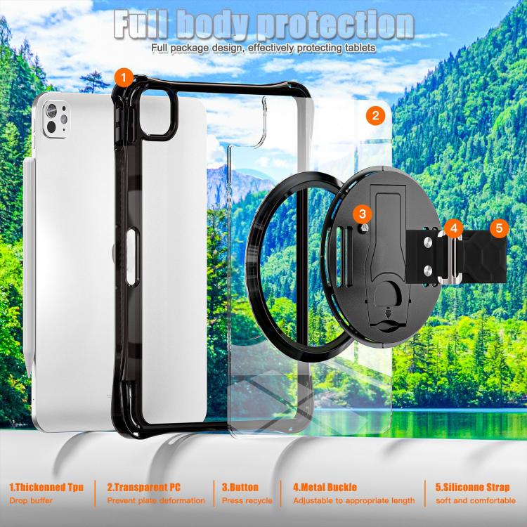 For iPad Pro 11 2025 / 2024 Rotation Grip Holder TPU Hybrid Clear PC Tablet Case(Black) by bashfashion