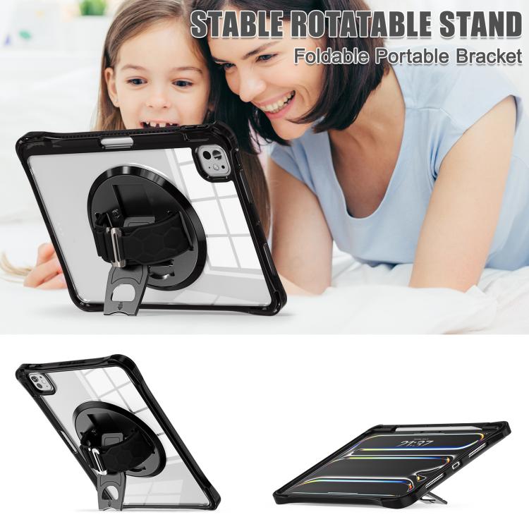 For iPad Pro 11 2025 / 2024 Rotation Grip Holder TPU Hybrid Clear PC Tablet Case(Black) by bashfashion