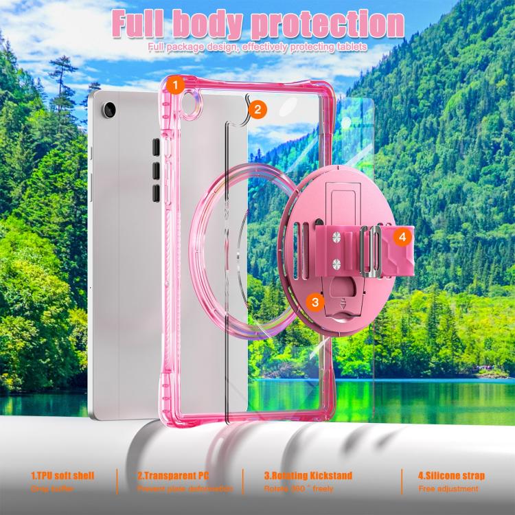 For Samsung Galaxy Tab A9+ Rotation Grip Holder TPU Hybrid Clear PC Tablet Case(Red Rose) by bashfashion