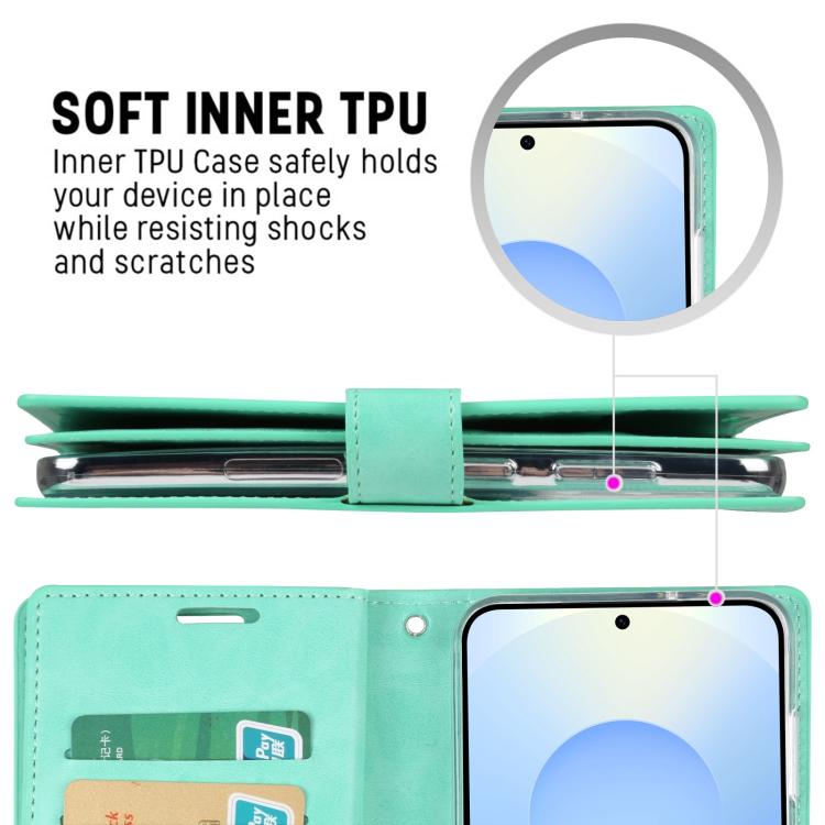 For Samsung Galaxy S25 5G GOOSPERY MANSOOR DIARY 9 Card Slots Leather Phone Case(Mint Green) by GOOSPERY