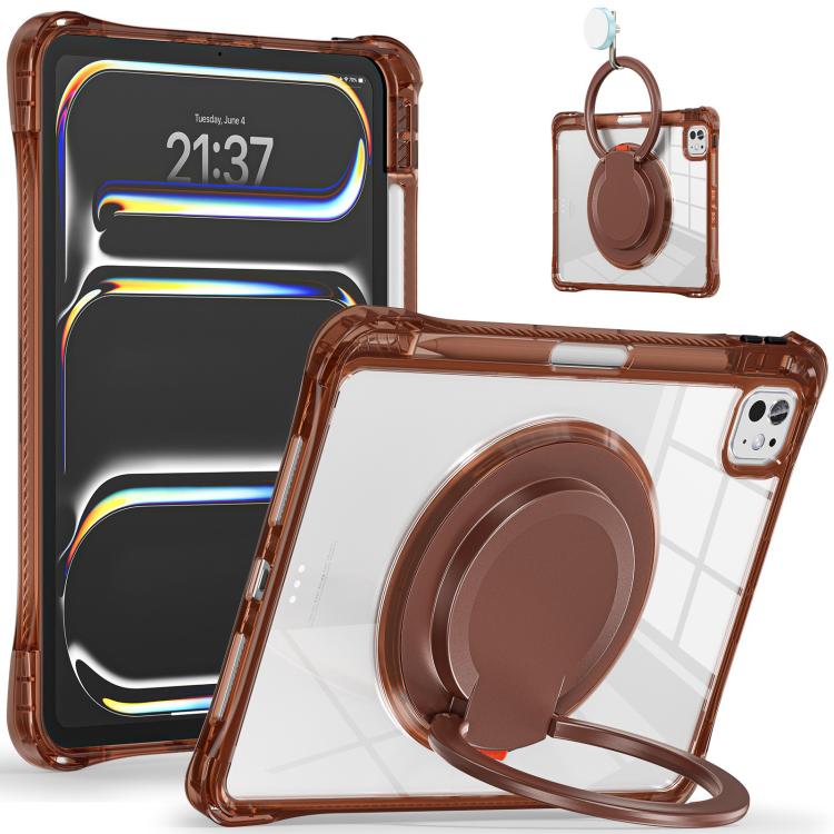 For iPad Pro 13 2025 / 2024 Rotation Ring Handle TPU Hybrid Clear PC Tablet Case(Chocolate) by bashfashion