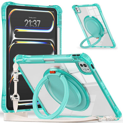 For iPad Pro 11 2025 / 2024 Rotation Ring Handle TPU Hybrid Clear PC Tablet Case(Light Green) by bashfashion
