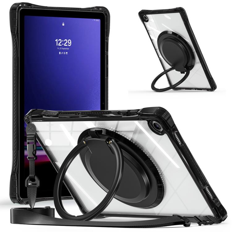 For Samsung Galaxy Tab A9+ Rotation Ring Handle TPU Hybrid Clear PC Tablet Case(Black) by bashfashion