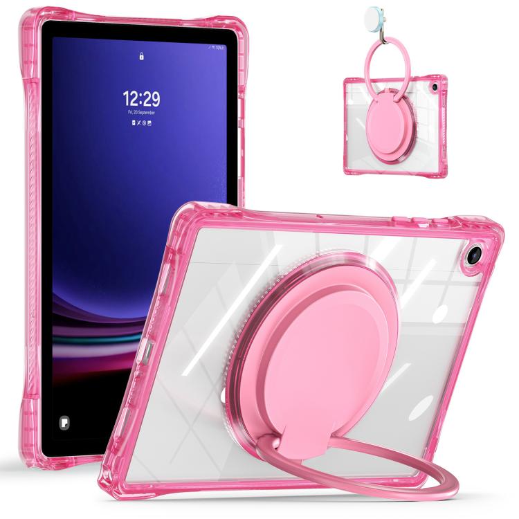 For Samsung Galaxy Tab A9+ Rotation Ring Handle TPU Hybrid Clear PC Tablet Case(Red Rose) by bashfashion