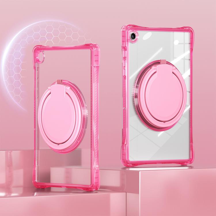 For Samsung Galaxy Tab A9+ Rotation Ring Handle TPU Hybrid Clear PC Tablet Case(Red Rose) by bashfashion