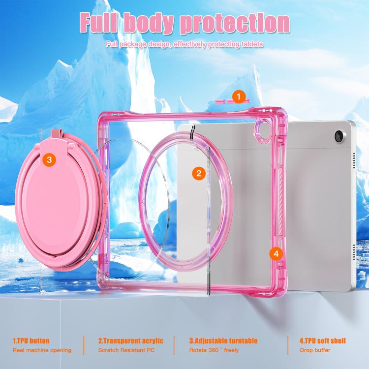 For Samsung Galaxy Tab A9+ Rotation Ring Handle TPU Hybrid Clear PC Tablet Case(Red Rose) by bashfashion