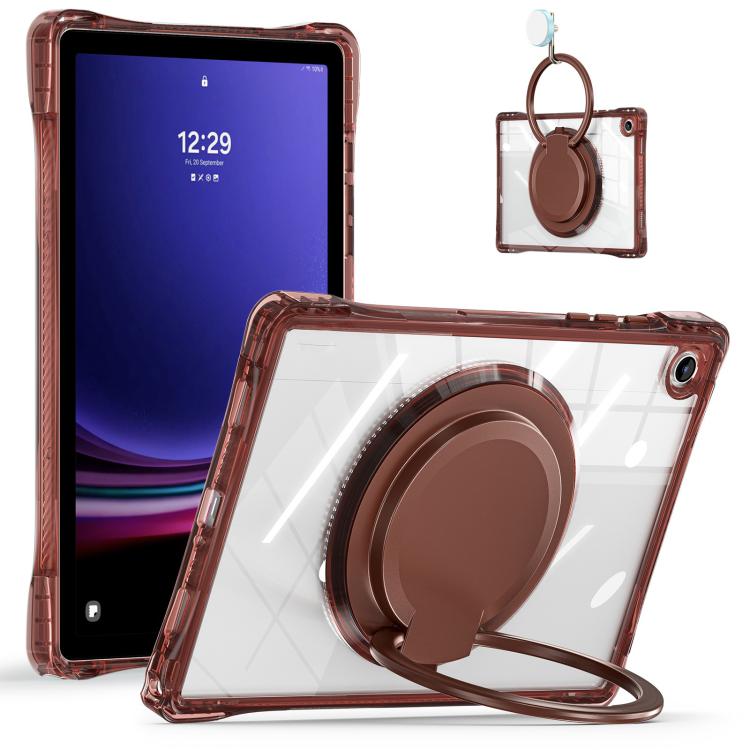 For Samsung Galaxy Tab A9+ Rotation Ring Handle TPU Hybrid Clear PC Tablet Case(Chocolate) by bashfashion