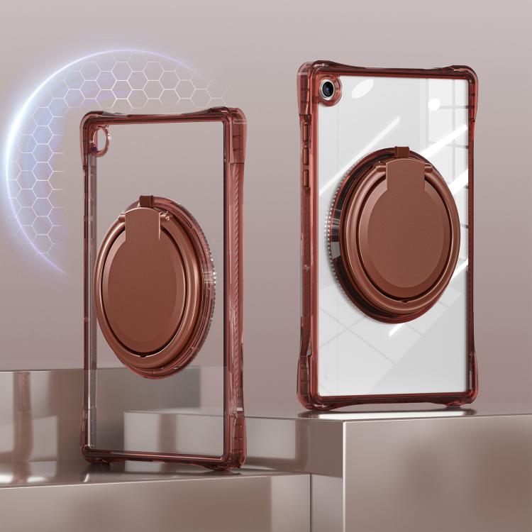 For Samsung Galaxy Tab A9+ Rotation Ring Handle TPU Hybrid Clear PC Tablet Case(Chocolate) by bashfashion