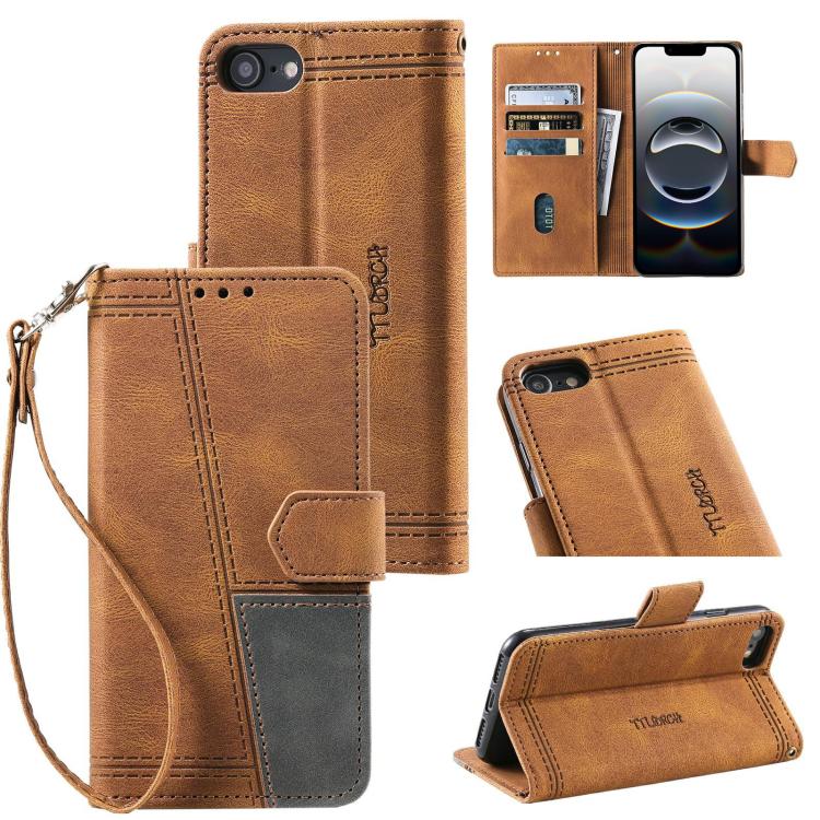 For iPhone 16e TTUDRCH Embossed Line Splicing Leather Phone Case(Brown) by bashfashion