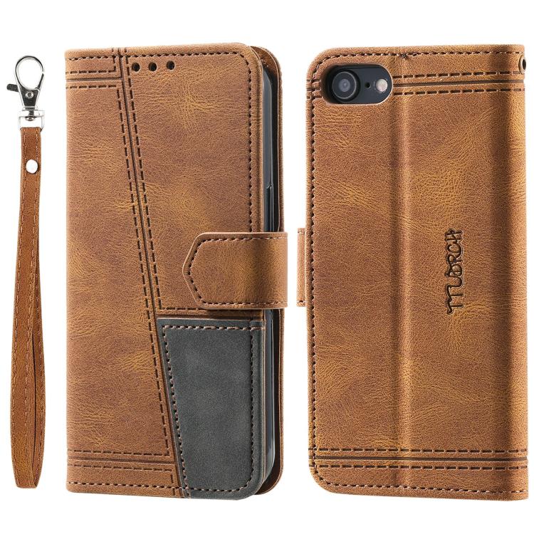 For iPhone 16e TTUDRCH Embossed Line Splicing Leather Phone Case(Brown) by bashfashion