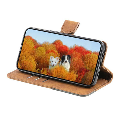 For iPhone 16e TTUDRCH Embossed Line Splicing Leather Phone Case(Brown) by bashfashion