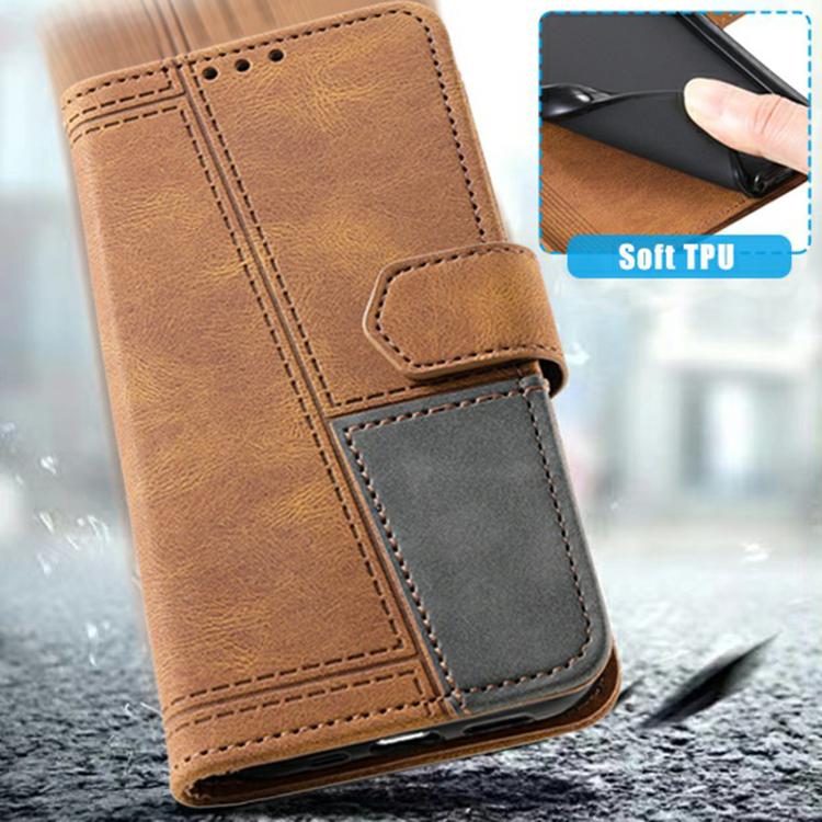 For iPhone 16e TTUDRCH Embossed Line Splicing Leather Phone Case(Brown) by bashfashion