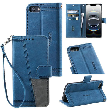 For iPhone 16e TTUDRCH Embossed Line Splicing Leather Phone Case(Blue) by bashfashion