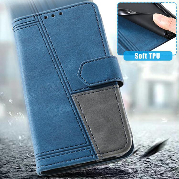 For iPhone 16e TTUDRCH Embossed Line Splicing Leather Phone Case(Blue) by bashfashion