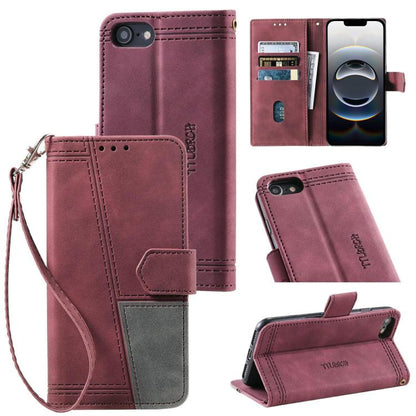 For iPhone 16e TTUDRCH Embossed Line Splicing Leather Phone Case(Wine Red) by bashfashion