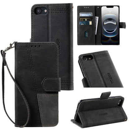 For iPhone 16e TTUDRCH Embossed Line Splicing Leather Phone Case(Black) by bashfashion