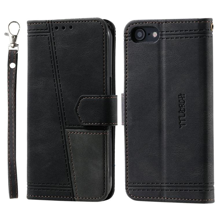 For iPhone 16e TTUDRCH Embossed Line Splicing Leather Phone Case(Black) by bashfashion