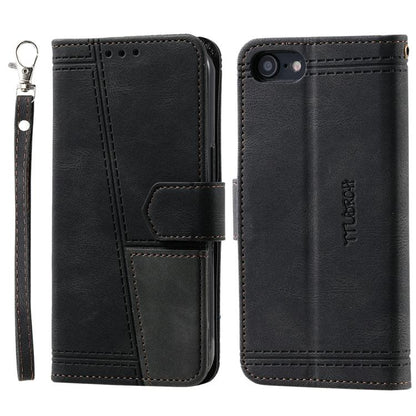 For iPhone 16e TTUDRCH Embossed Line Splicing Leather Phone Case(Black) by bashfashion