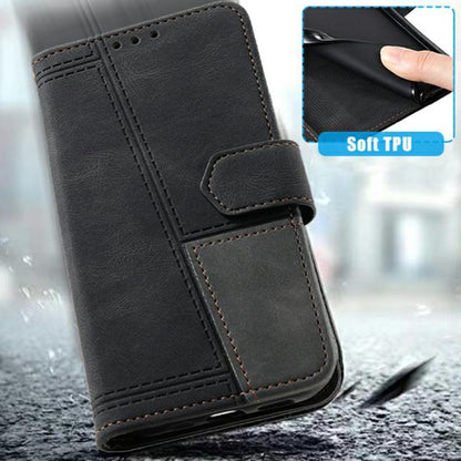 For iPhone 16e TTUDRCH Embossed Line Splicing Leather Phone Case(Black) by bashfashion