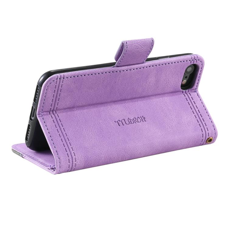 For iPhone 16e TTUDRCH Embossed Line Splicing Leather Phone Case(Purple) by bashfashion