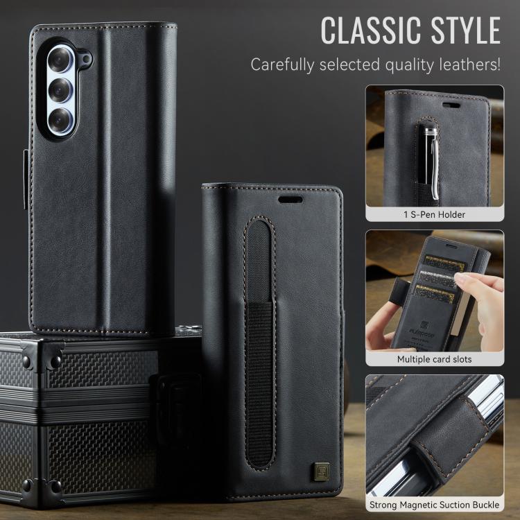 For Samsung Galaxy Z Fold6 5G AutSpace A11 Side Buckle MagSafe Magnetic RFID Phone Leather Case(Black) by AutSpace