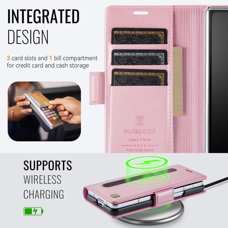 For Samsung Galaxy Z Fold5 5G AutSpace A11 Side Buckle MagSafe Magnetic RFID Phone Leather Case(Rose Gold) by AutSpace