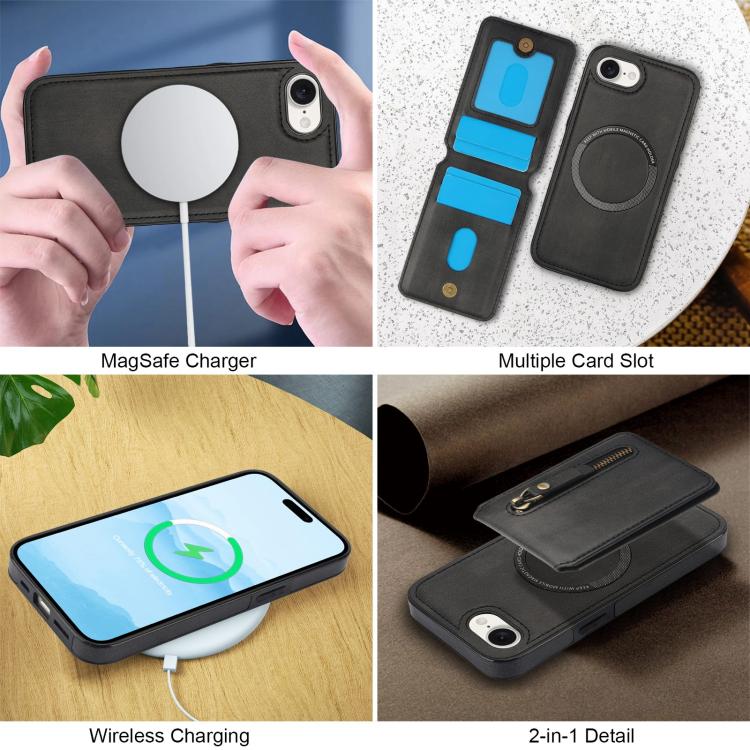 For iPhone 16e Zipper Wallet Split MagSafe Leather Back Phone Case(Black) by bashfashion