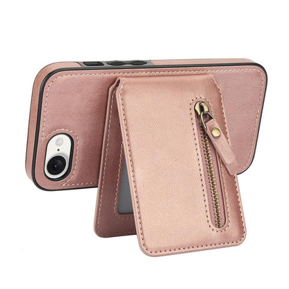 For iPhone 16e Zipper Wallet Split MagSafe Leather Back Phone Case(Rose Gold) by bashfashion