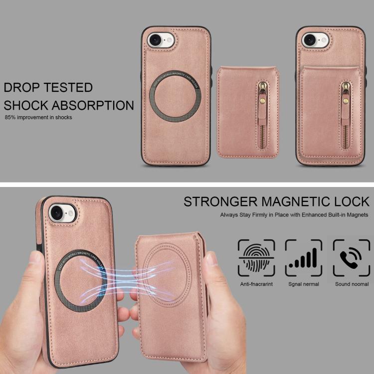 For iPhone 16e Zipper Wallet Split MagSafe Leather Back Phone Case(Rose Gold) by bashfashion