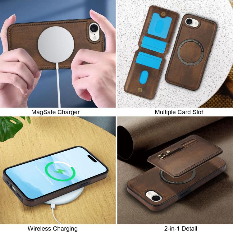 For iPhone 16e Zipper Wallet Split MagSafe Leather Back Phone Case(Brown) by bashfashion