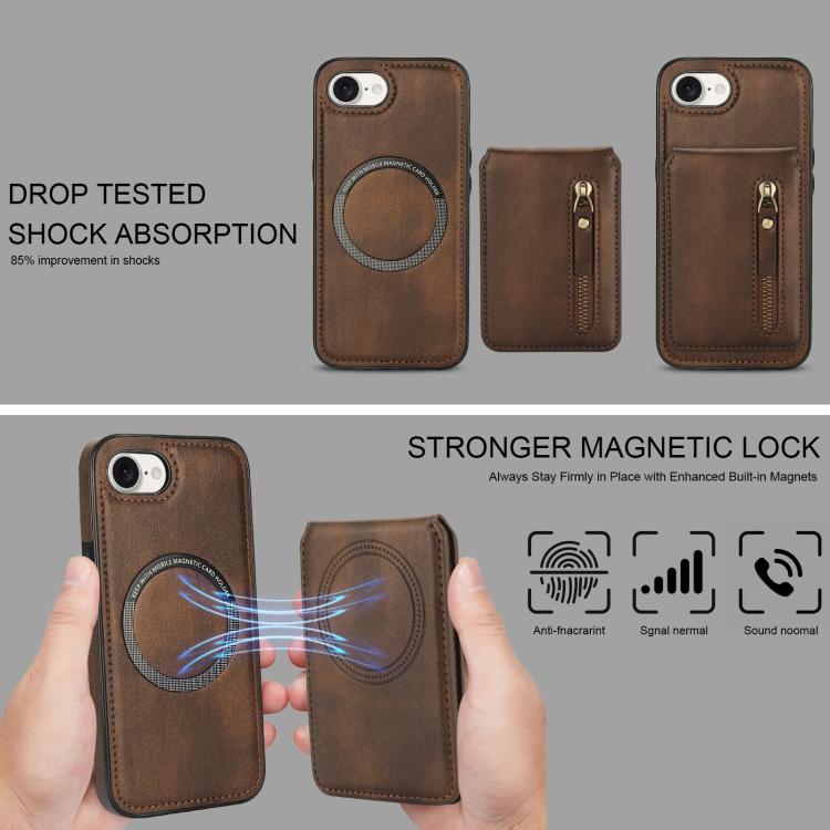 For iPhone 16e Zipper Wallet Split MagSafe Leather Back Phone Case(Brown) by bashfashion