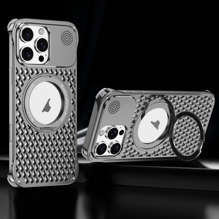 For iPhone 16 Pro Max R-JUST RJ-64 Aromatherapy Heat Dissipation MagSafe Phone Case with Stand(Grey) by R-JUST